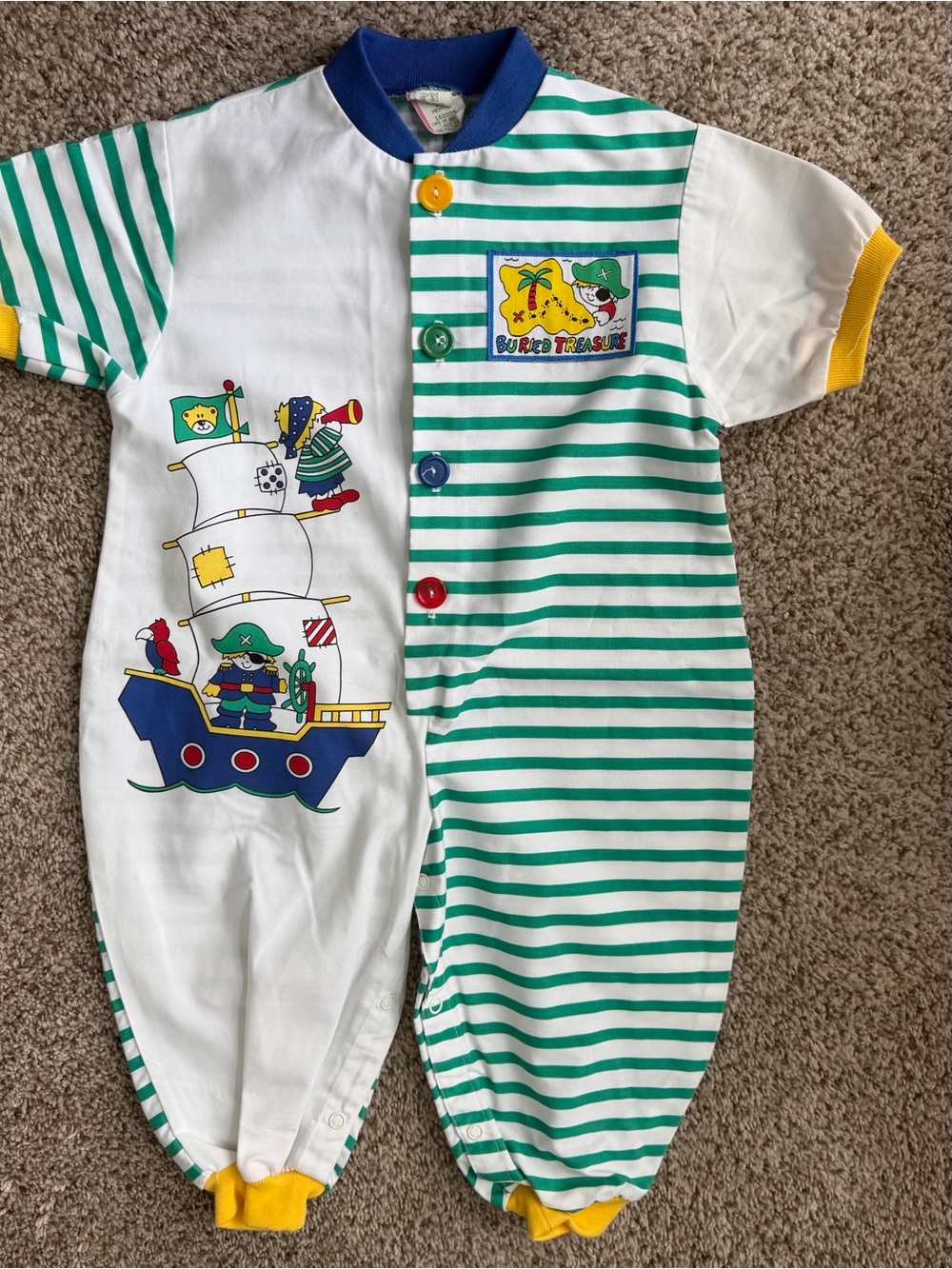 Vintage 90s Kidcore Pirate Buried Treasure Romper Jumpsuit Green Striped 24M